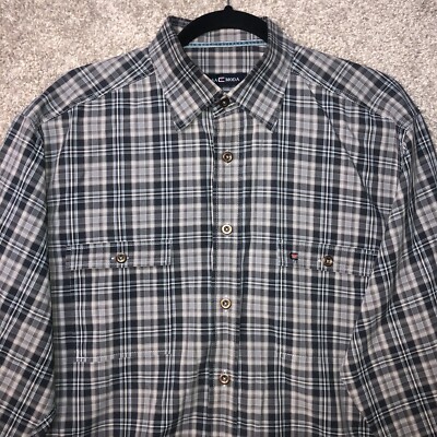 CASA MODA SHIRT MENS LARGE GRAY BLUE PLAID LONG SLEEVE BUTTON UP