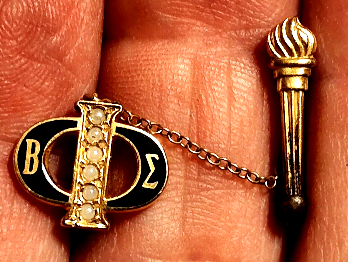 Beta Sigma Phi Seed Pearl & Torch w Chain Tie Scarf Hat Lapel Pin VTG Sorority