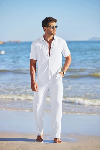 Men Outfit 2-Piece Set Half Sleeve Button Shirt and Pants Sweatsuit Set - Picture 19 of 30