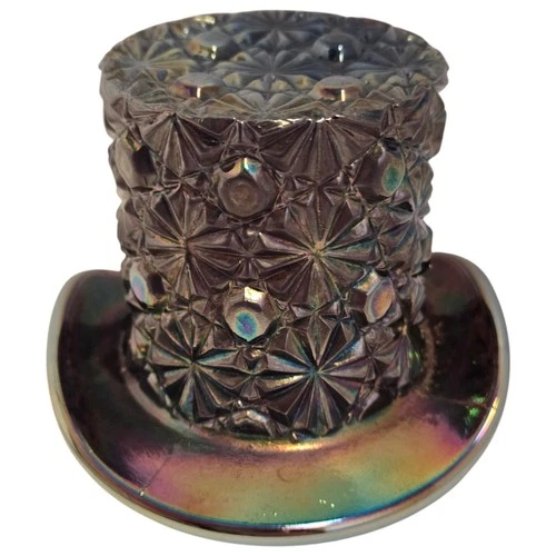 Vintage OVG Carnival Glass Hat Black Amethyst Purple 2.5" Button & Daisy Fenton