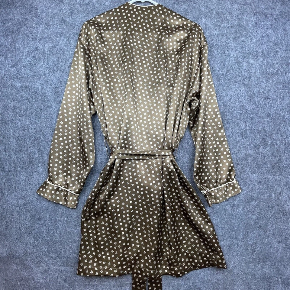 Bata Vintage Calvin Klein Grande Marrón Kimono Flores Retro Lujo Satén Clásico Foto 2 de 4