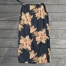 Vintage black tropical floral print 100 silk Hawaiian Aloha maxi wrap skirt 10