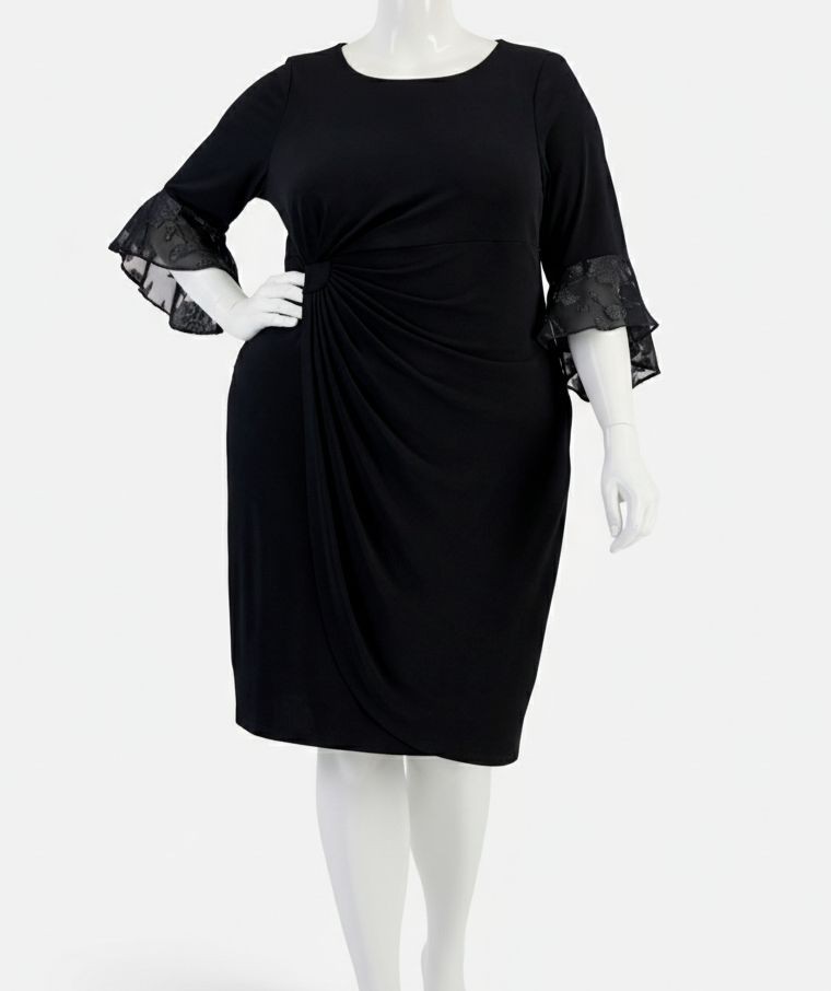 Connected Apparel Women's Black Lace-Cuff 3/4-Sleeve Chiffon Dress Plus Size 16W