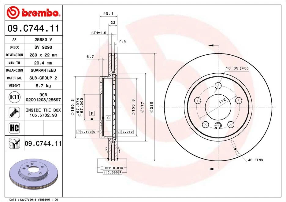 2x BRAKE DISC 09.C744.11 FOR MINI CLUBMAN BMW B37 C15 A 1.5L B3815/B3615A 1.5L - Image 2 of 4