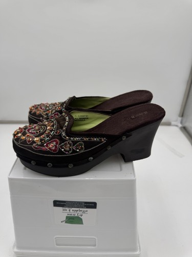 Vintage Bamboo Wooden/satin Clogs Beaded Embroidery Boho Brown Size 7.5 Cloggy - Picture 8 of 8