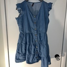 Women's Dress Blue Denim Button Down Tiered, Flutter Sleeve, A-Line, M