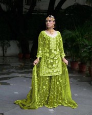 Unique Heavy Faux Georgette Top Palazzo And Lime Green Dupatta For Wedding Wear