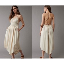 American Eagle Halter Open Back Handkerchief Hem Midi Dress Cream NWT Large