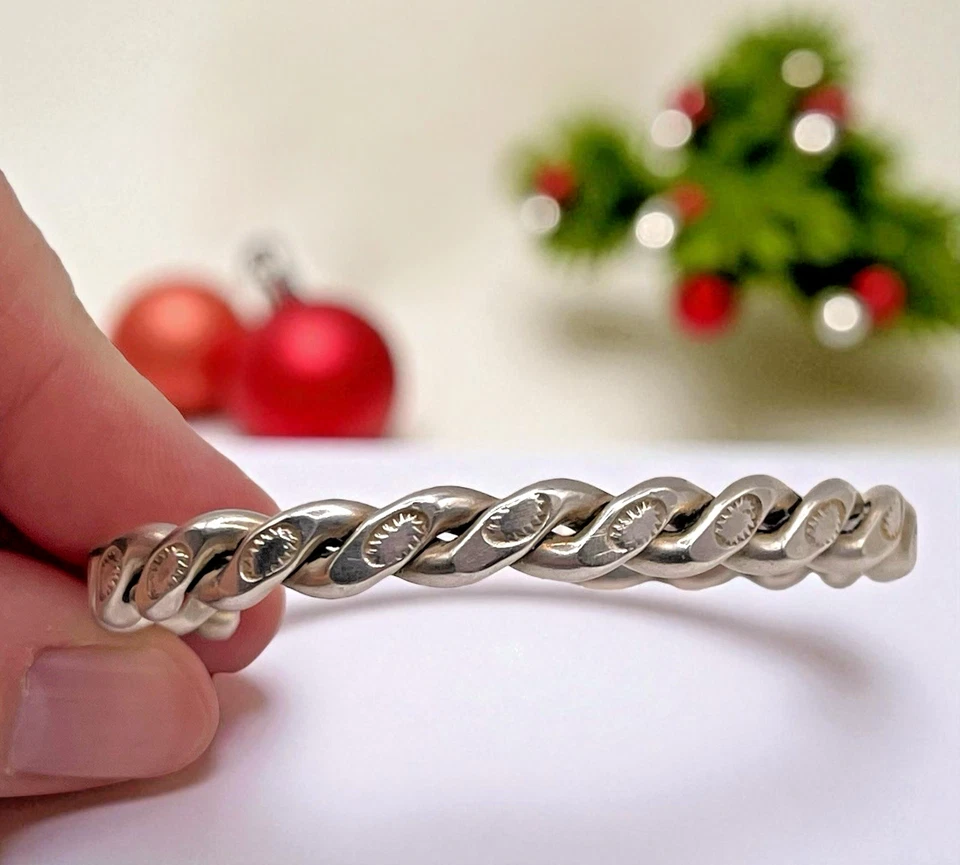 Brazalete trenzado de plata de ley 925 con diseño étnico grabado sólido, 6" ~ 23,6 g Foto 2 de 4