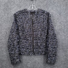 Banana Republic Women's 6 Blue Tweed Collarless Full Zip Jacket Fringe Trim