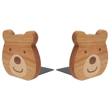 Cabilock 2 Pieces Book Stoppers: Wooden Bear Bookends for Shelves - Metal Bas...