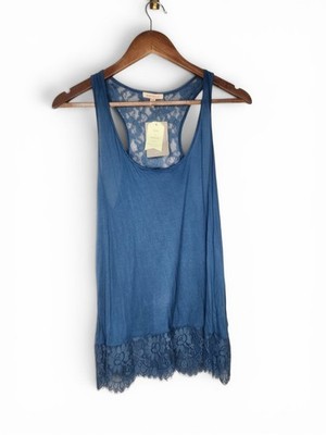 Anthropologie Bordeaux Lace Trim Tank Top in Blue Size XS New With Tags