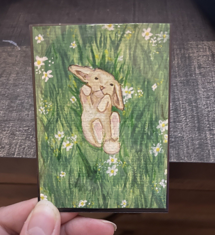 ACEO Original 2.5x3.5 Peaceful, Rabbit & Flowers, Illustration Art, nd_arttts