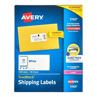 Avery 5163 TrueBlock Shipping Labels 2x4 White Laser Printable 1000 Pack Genuine
