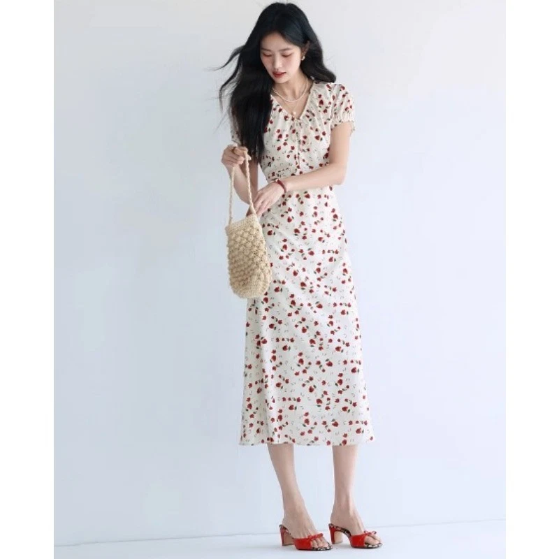 OFF WHITE Abito donna scollo V floreale manica corta estivo nuovo spiaggia slim fit gonna vacanza