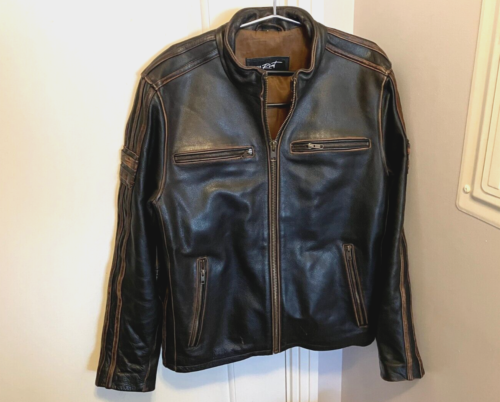 Black Rivet LEATHER MOTORCYCLE JACKET w/Brown Racing Stripes - Sz LARGE, Dk Brwn