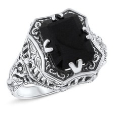 BLACK AGATE 925 SOLID STERLING SILVER CLASSIC ART DECO FILIGREE RING 456X