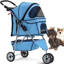 Pet Stroller Jogger Cat Dog Cage 3 Wheel Folding Carriage Stroller w Cup Holder 