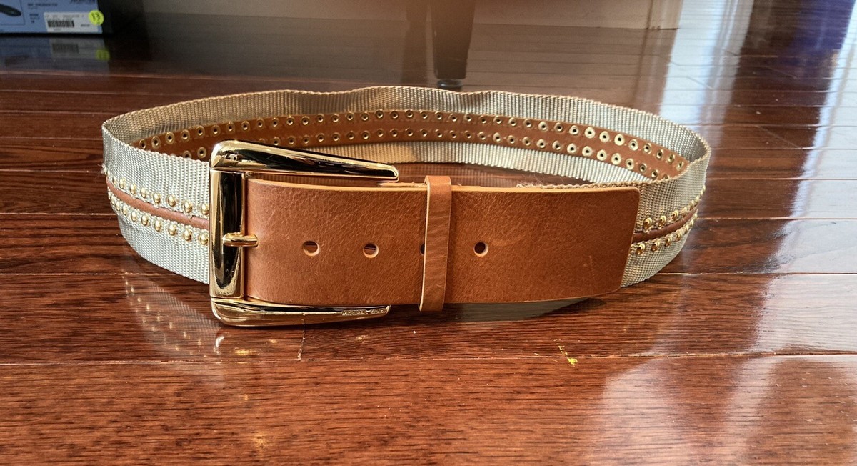 Michael Kors Women's Brown Tan Leather Canvas Gold Studded Wide