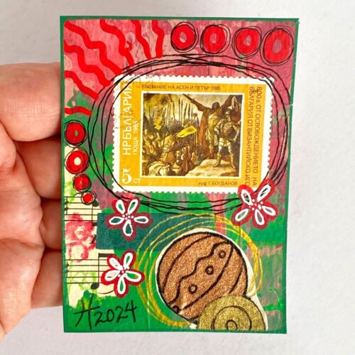 ACEO Original Collage Painting Vintage 80s International Postage Stamp Art ATC - Picture 1 of 3