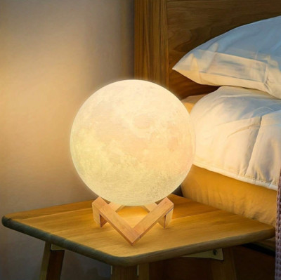 3D Moon Lamp Night Light 4.72in   Soft Warm Glow w/ Wood Base, Kids Gift