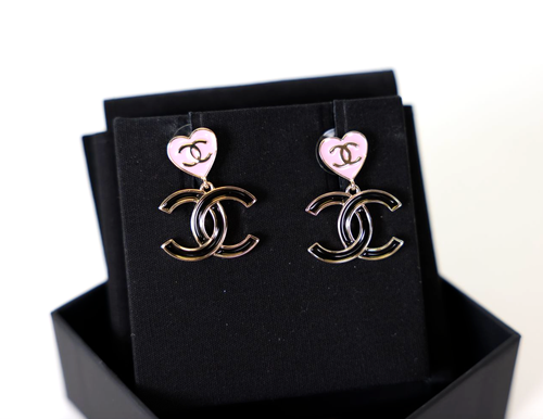 CHANEL 2024 Pink Heart & Black CC Drop Earrings & Box