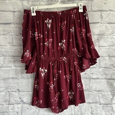 PREOWNED EXPRESS OFF THE SHOULDER MAROON FLORAL ROMPER WOMENS XS