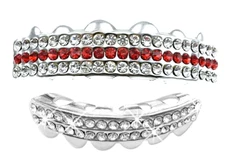 Custom Fit Iced Red CZ Silver Plated Metal Mouth Teeth Grillz Upper Lower Set