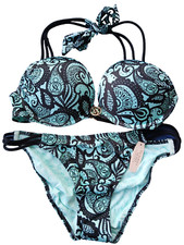 Victoria's Secret Swim Add-2-Cups Push-up Halter Brazillian Bikini Set Blue Lace