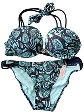 Victoria's Secret Swim Add-2-Cups Push-up Halter Brazillian Bikini Set Blue Lace