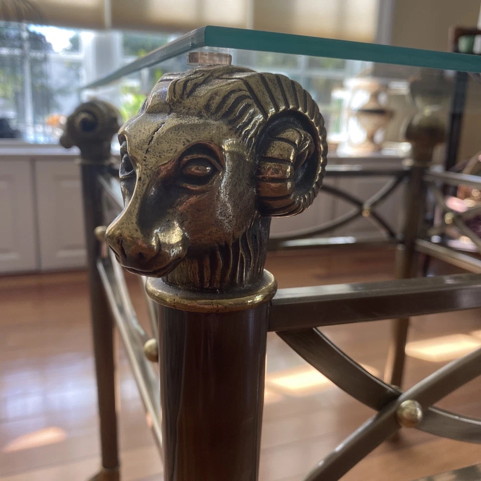 Maison Jansen Style Hollywood Regency Ram's Head Brass Glass Top Side Table DIA - Image 2 of 4