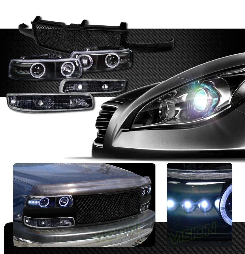 Farol projetor LED halo preto K2 + para-choque YD + grade de malha para 99-02 Silverado - Imagem 2 de 4