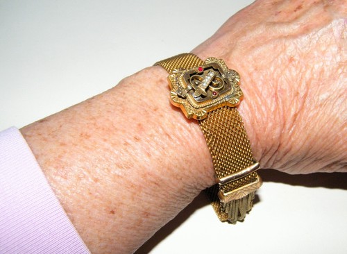 Antique VICTORIAN Gold Filled MESH TASSEL BRACELET~GARNET & PEARLS~Slide~c1870