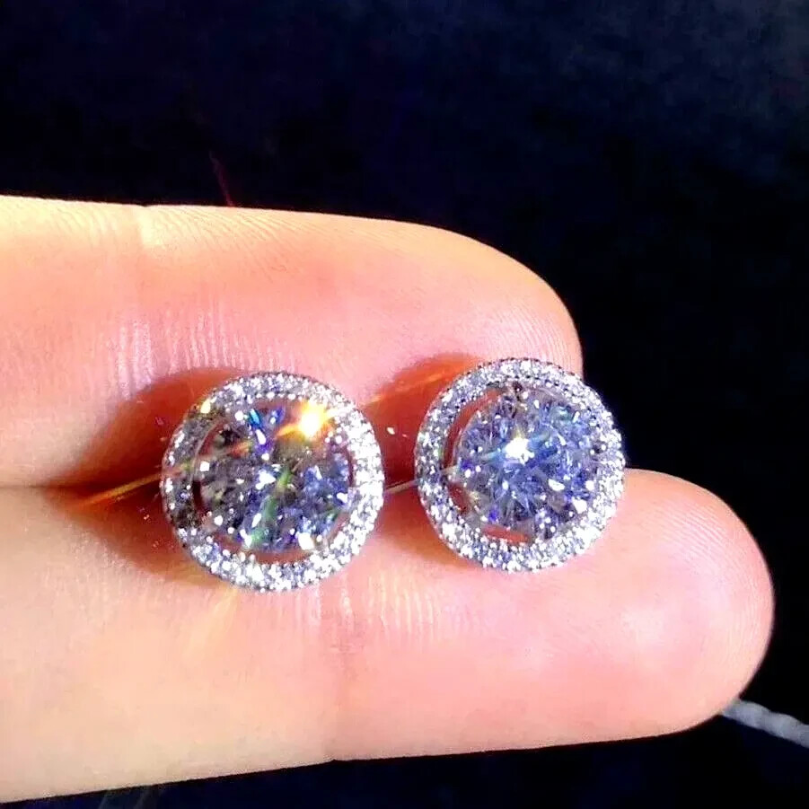 【HYERES LOR】24FW★ Lab Diamond NEW Halo Earrings S 14K Lab Grown Diamond Halo Earrings in 14kt White Gold (2ct tw