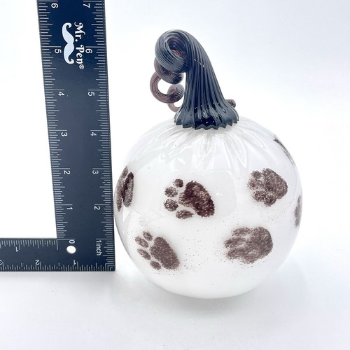 Art Glass Pumpkin White HandBlown Paw Print Halloween Decoration Fall Autumn - Picture 8 of 9