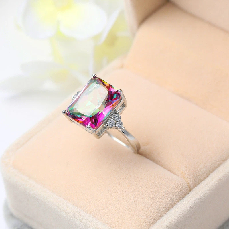 16.5 Cts Huge Rectangle Rainbow Mystic Fire Topaz Gemstone Silver Ring Sz 6-10 - Image 2 of 4