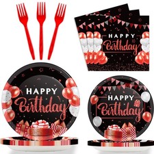96 Pcs Red Black Confetti Happy Birthday Party Tableware Set 24 Guests