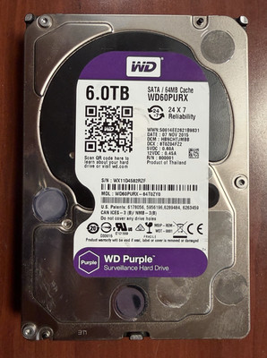 6TB SATA 3.5'' WD Purple Surveillance Hard Drive WD60PURX Tested Good