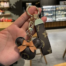 Cute Cartoon Mickey Leather Keychain Couple PUBag Pendant Car KeyRing Gift Brown