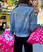 PINK Blue Denim Jacket Womens L Button Front Embroidered Logo Collared