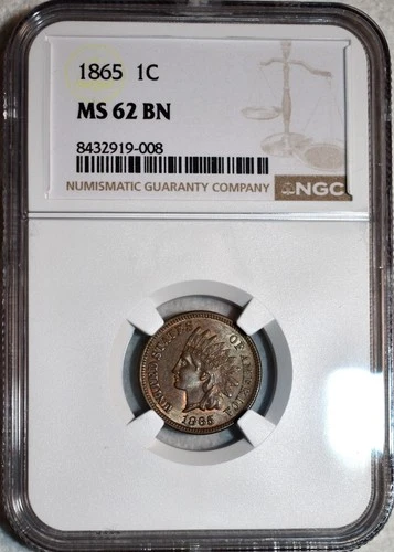 NGC MS-62 BN 1865 Plain 5 Indian Head Cent, Razor-Sharp & Highly Lustrous.
