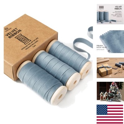 Eco-Friendly Dusty Blue Velvet Ribbon Set - 3 Rolls for DIY Projects and Gifts