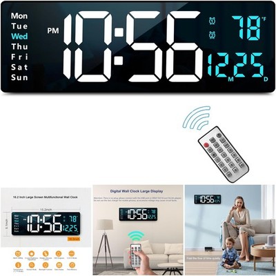 16.2 Inch Large Display LED Digital Clock Blue Remote Control Brightness Date