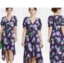 A New Day Women's Crepe Short Sleeve Midi Dress  Purple Floral Small Brand New 