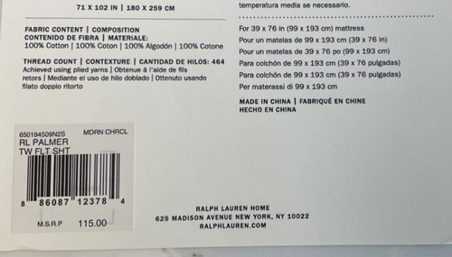 RALPH LAUREN~PALMER~SÁBANA PLANA GEMELA~CARBÓN MODERNO~100% ALGODÓN PERCAL~DORMITORIO~464 - Imagen 4 de 7