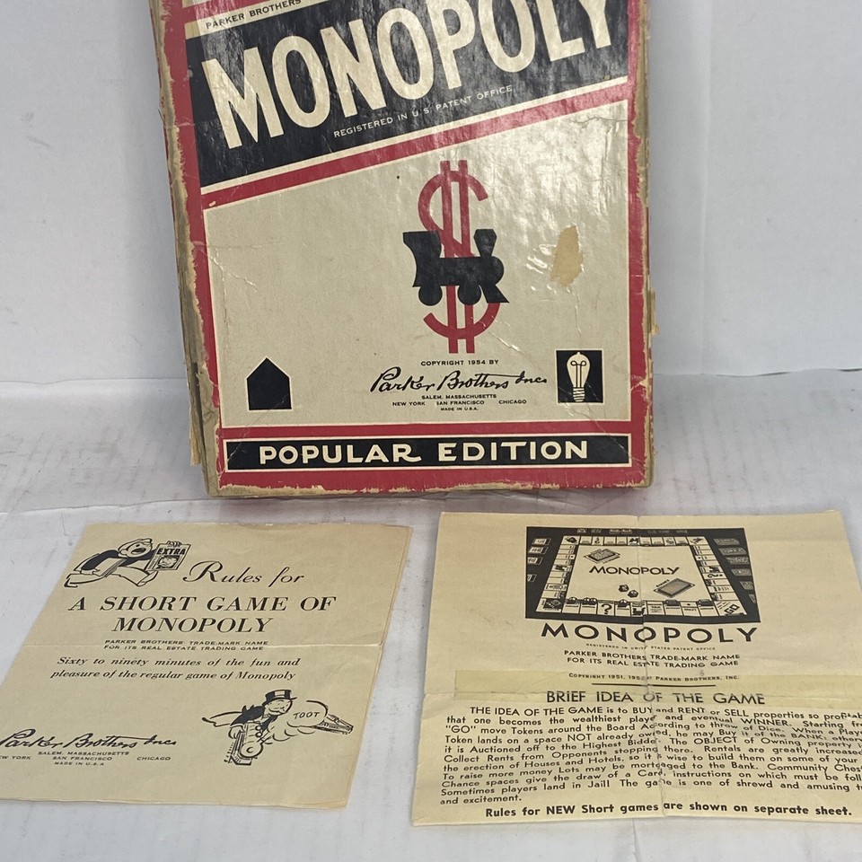 VINTAGE 1954 Monopoly Game Popular Edition Parker Brothers Wood Pieces