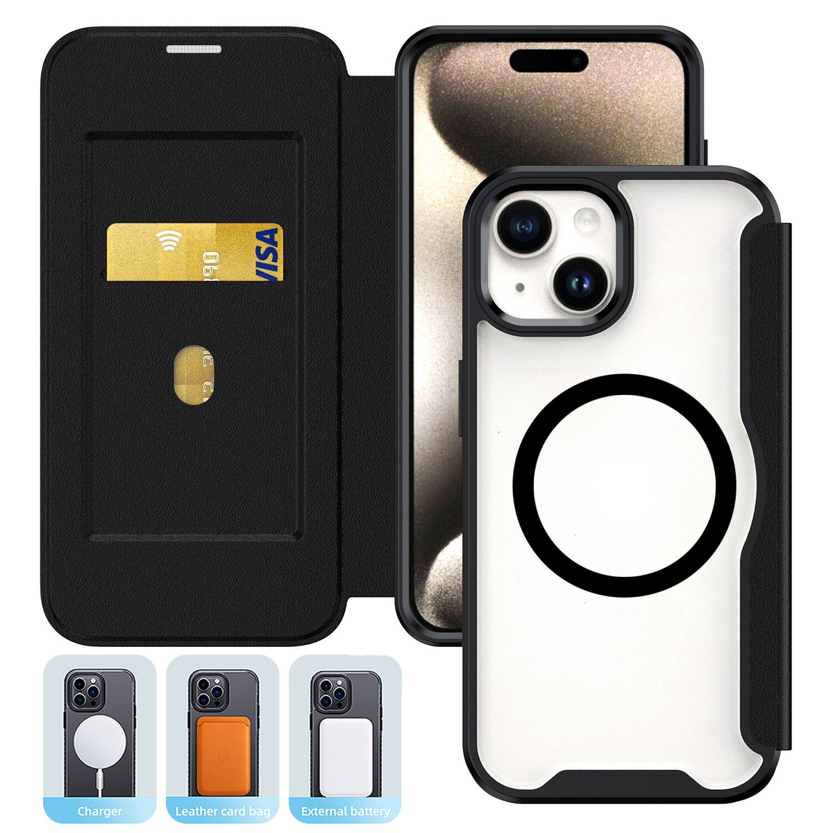 Allytechgroup IPhone 16e Case With Screen Protector & Cards Holder, Premium PU Leather TPU Inner Shockproof Ring Holder Stand Hand Strap Wallet Phone Case For Apple IPhone 16e 6.1", Black