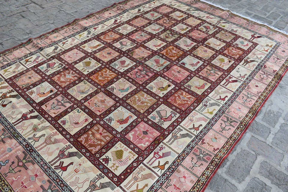 Alfombra Kilim Turca 6'5 x 9'5 Pies, Alta Calidad Vintage Hecha a Mano Picorial 100% Seda Foto 4 de 4
