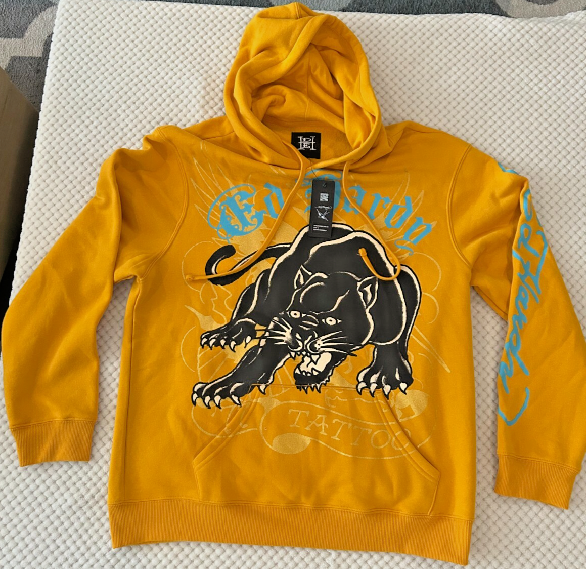 New Ed Hardy Tattoo Crouching Panther Mens L Marigold Graphic Fleece Hoodie NWT