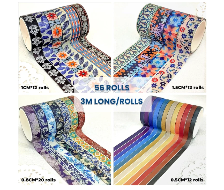 Juego de Cinta Washi Floral, 56 Rollos Cinta Adhesiva Decorativa para Revistas y Manualidades Foto 2 de 4